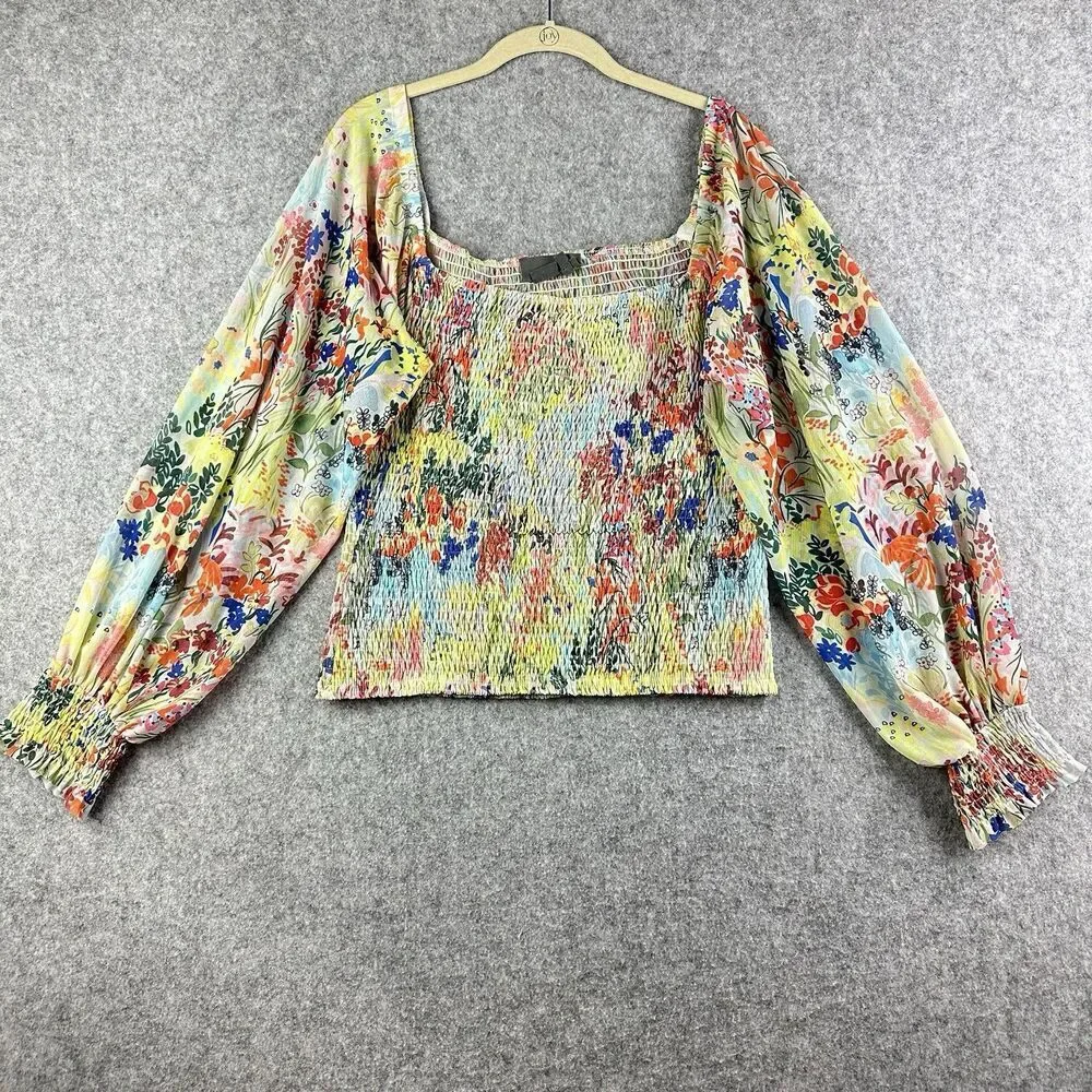 Anthropologie Rouen Smocked Top Womens M Long Sleeve Floral Boho Colorful 2-Way